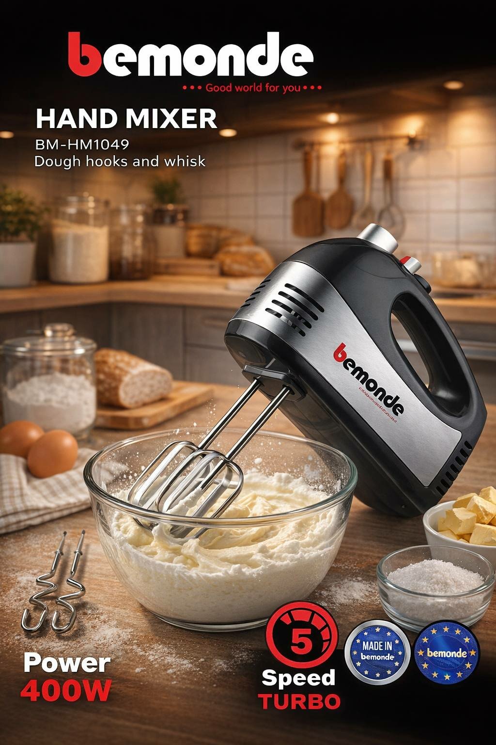 Миксер ручной Bemonde BM-HM1049, 5 скоростей+Турбо, 400Мошносты