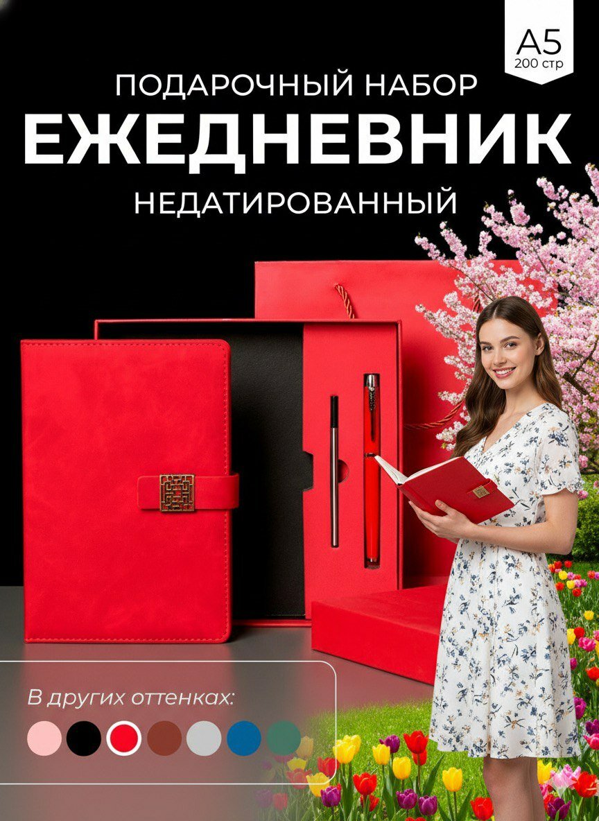 Подарочный набор ежедневник с ручкой недатированный А5 красный