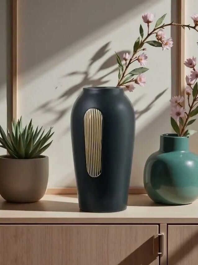 Ваза керамическая настольная, размер 25*12*12см, цвет черный с золотым — фото 1