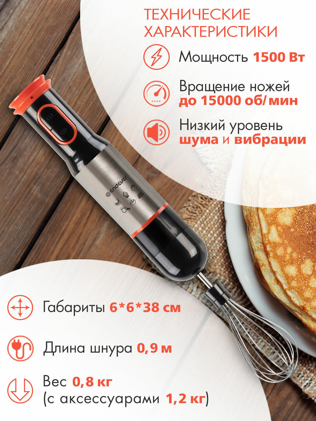 Блендер погружной с аксессуарами ENDEVER SIGMA-85 / 1500 Вт / защита от перегрева — фото 1