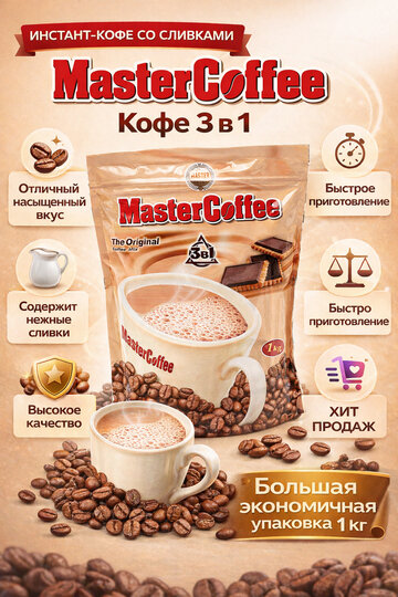MasterCoffee 3 в 1, 1 кг быстрорастворимый кофе со сливкой и сахаром