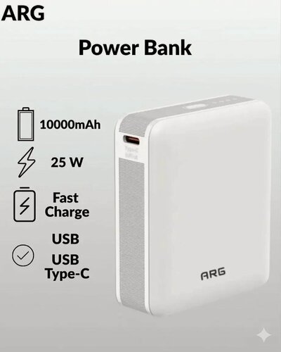 Изображение товара Внешний аккумулятор ARG ARG10000TW10, емкость 10000 мАч, 2 USB-порта, быстрая зарядка, белый
