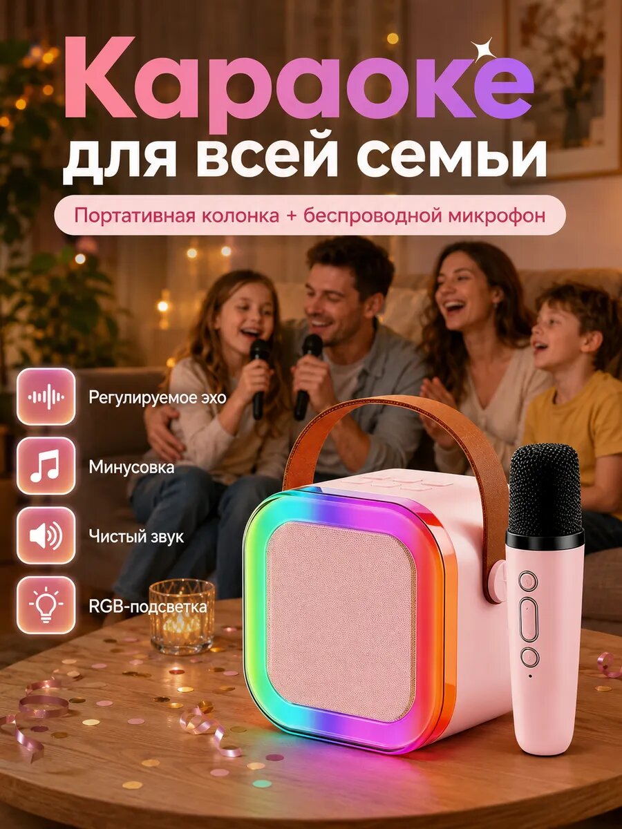 Караоке колонка розовая с микрофоном и эффектами голоса