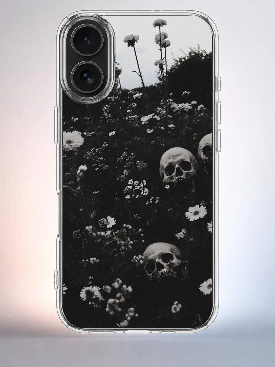 Чехол iPhone 16 черепа в поле силиконовый прозрачный