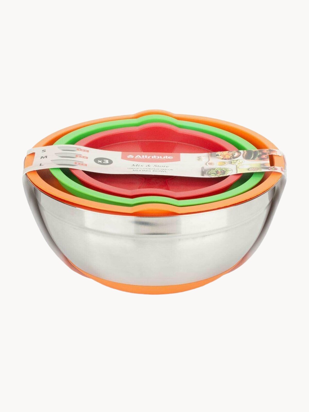 Набор стальных мисок с крышками "MIX&STORE" 3шт: 1.5л+2.4л+3.7л, силиконовое дно