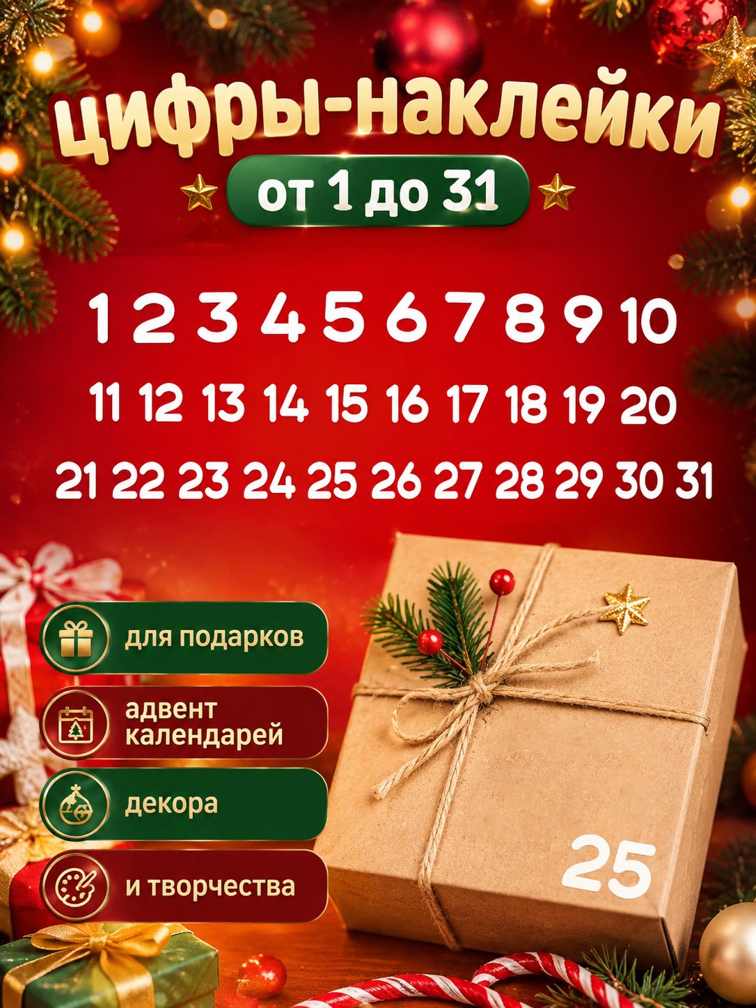 Комплект фигурных наклеек для адвент-календаря цифры и прочего творчества белые