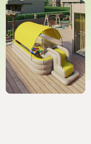 Изображение товара Детский надувной бассейн, складной 3 метра зеленого цвета + тент + горка + беспроводной насос