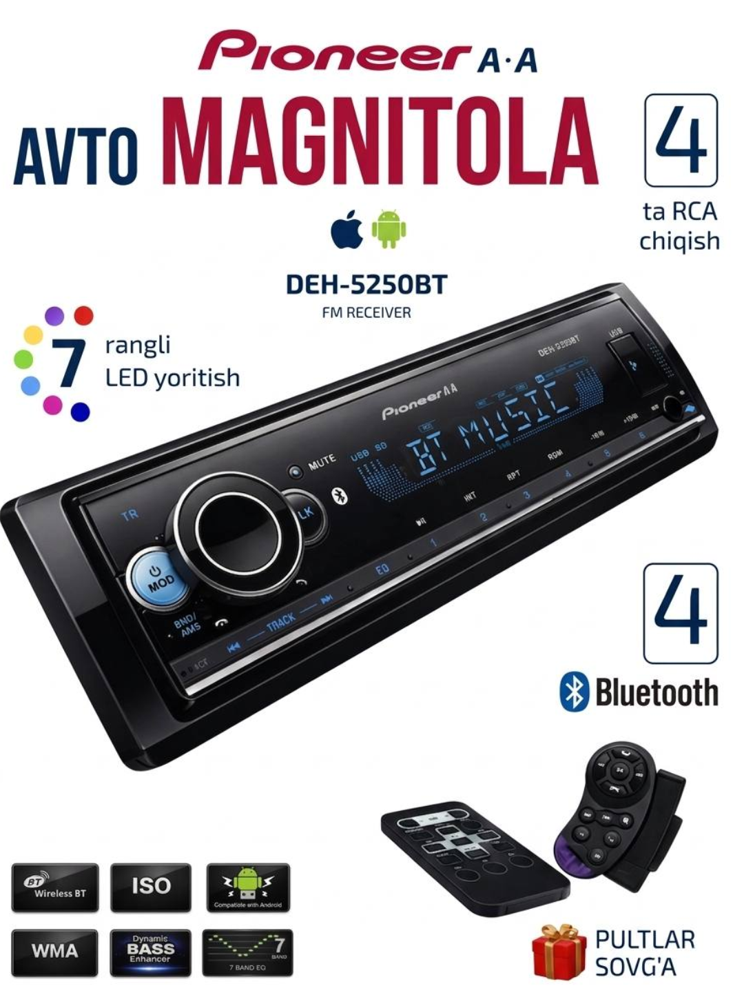 Автомагнитола Pioneer DEH-5250BT, Bluetooth, 7-цветный LED, Hi-Fi, Dynamic Bass, FM