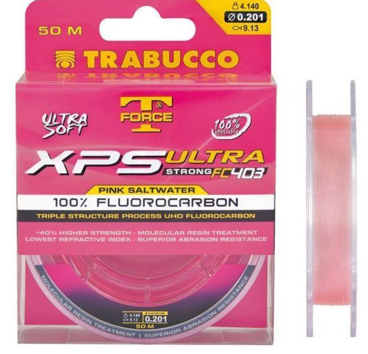 Леска флюорокарбоновая тонущая TRABUCCO T-FORCE XPS ULTRA STRONG FC403 FLUOROCARBON SALT WATER PINK 50 м, 0.370 11,790 Kg розовая