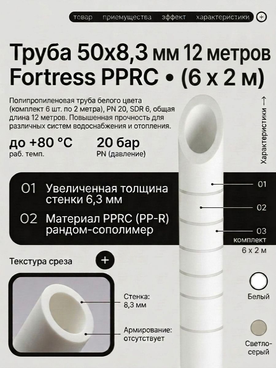 Труба 50х8,3 мм Fortress PPRC белый, PN 20, SDR 6 12 метров