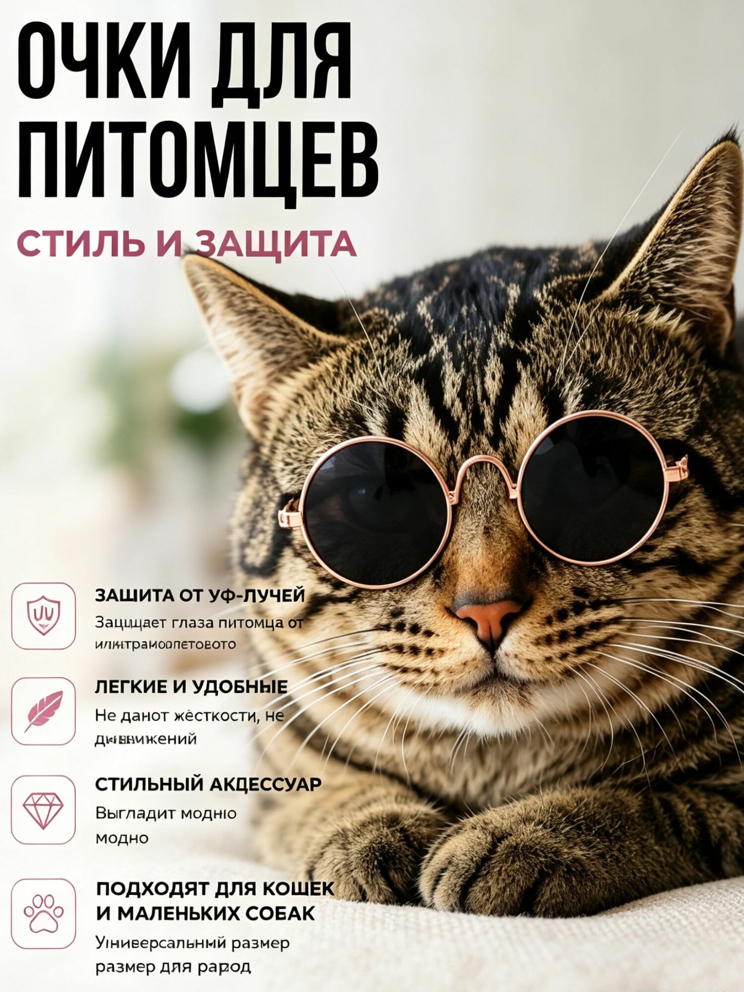 Солнцезащитные очки для кошек и собак, матовый чёрный, размер M, стильный аксессуар для питомца