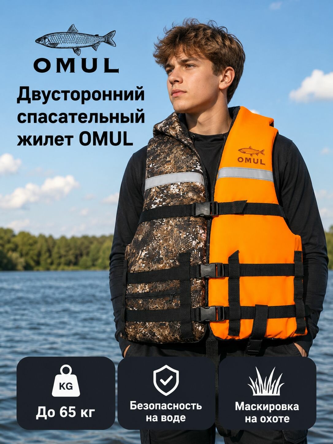 OMUL Спасательный жилет двусторонний до 65 кг для рыбалки и лодки, страховочный спасжилет мужской, по ГОСТ (гимс)