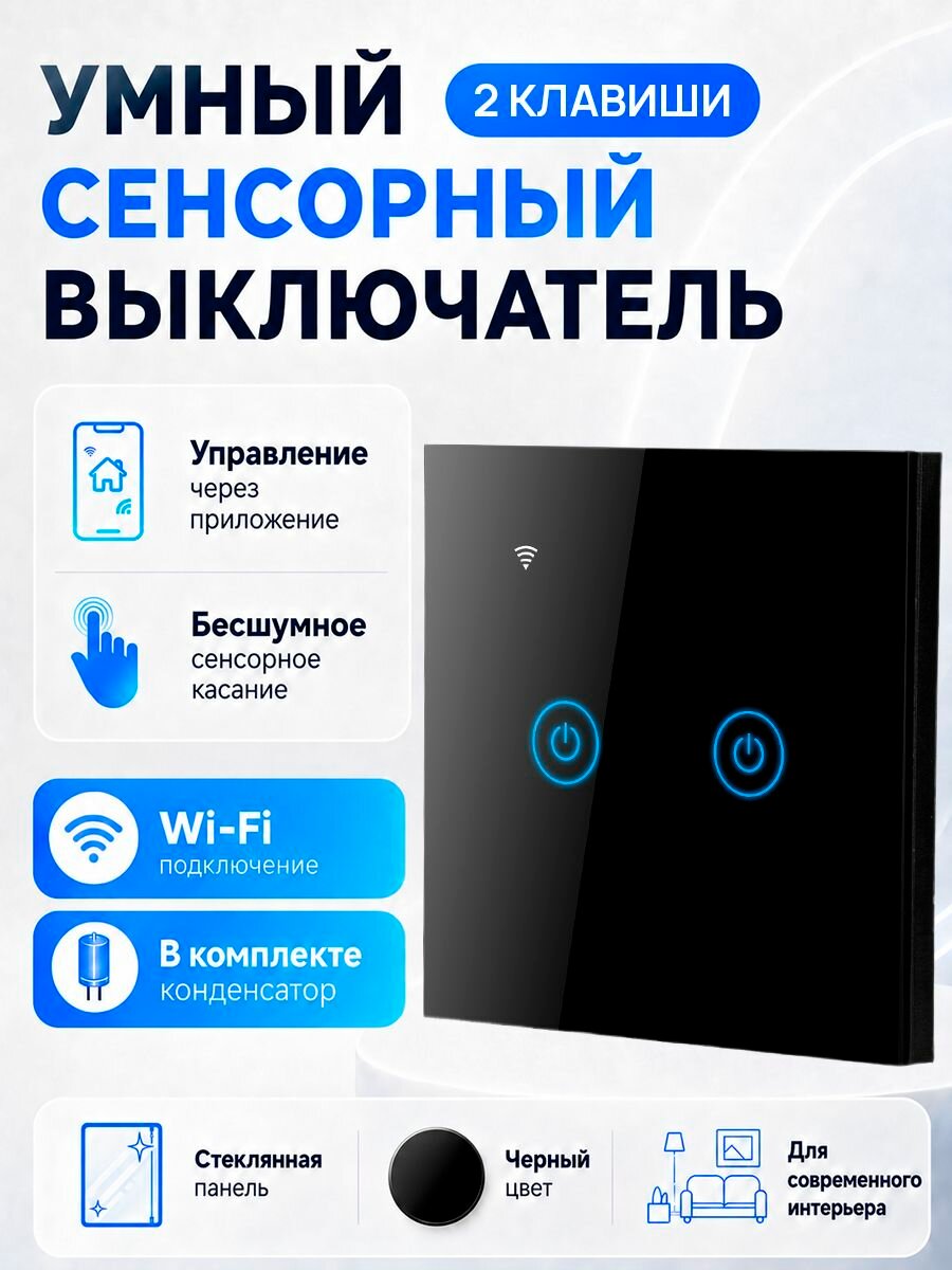 Сенсорный настенный выключатель света Wi-Fi SmartLife, 2 канала, чёрный (с конденсатором) SECTEC