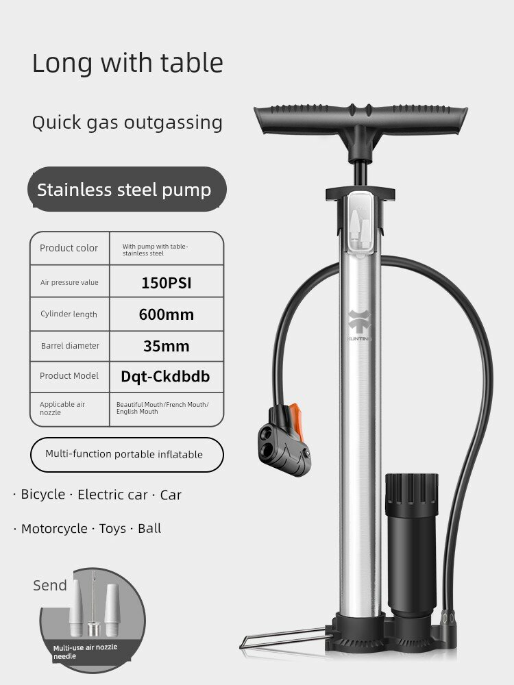 Портативный велосипедный насос со стальной трубой, длинный дизайн, 160psi высокое давление, серебристый цвет, в