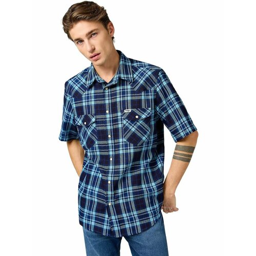 фото Рубашка wrangler men short sleeves western shirt, размер m, синий
