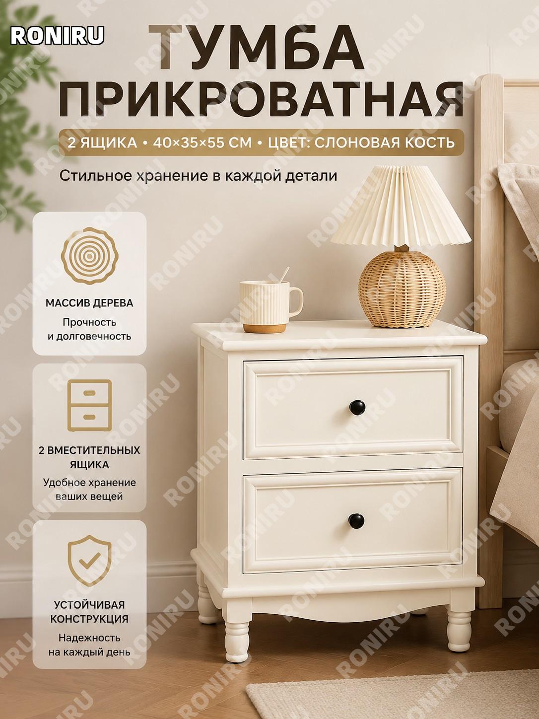 Тумба с ящиками слоновая кость 40×35×55 см, 2 ящика, готовая сборка, для хранения в гостиной и спальне дома уют