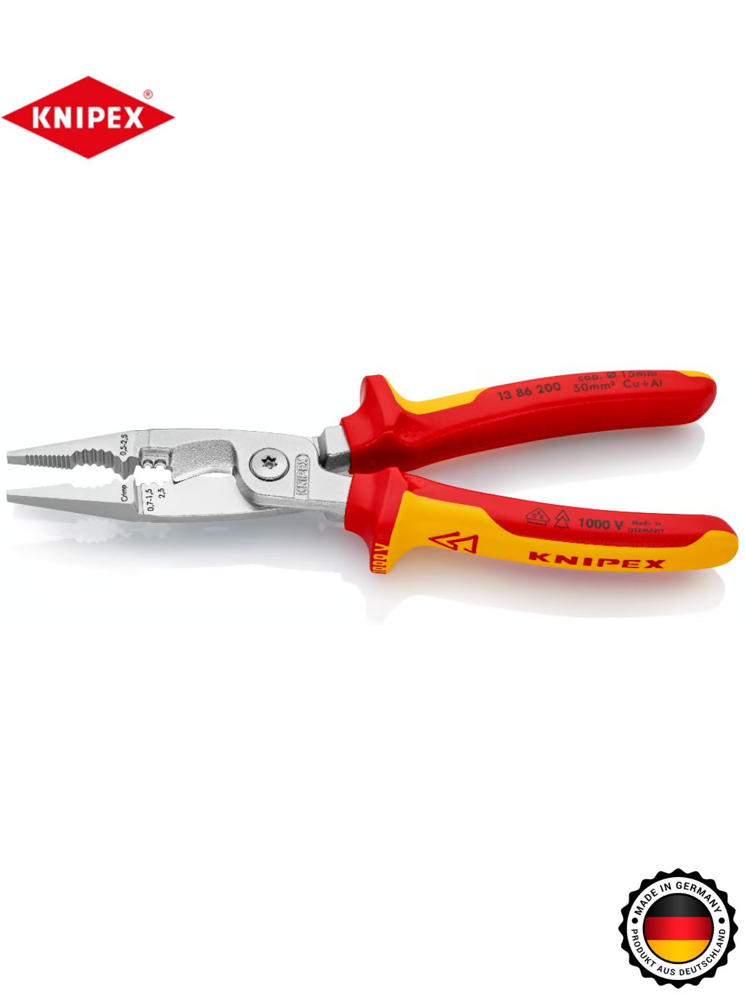 Клещи электромонтажные обжимные 6 в 1, пресс клещи электрика, Knipex, 200 мм, 2-комп диэлектрические ручки KN-1386200,