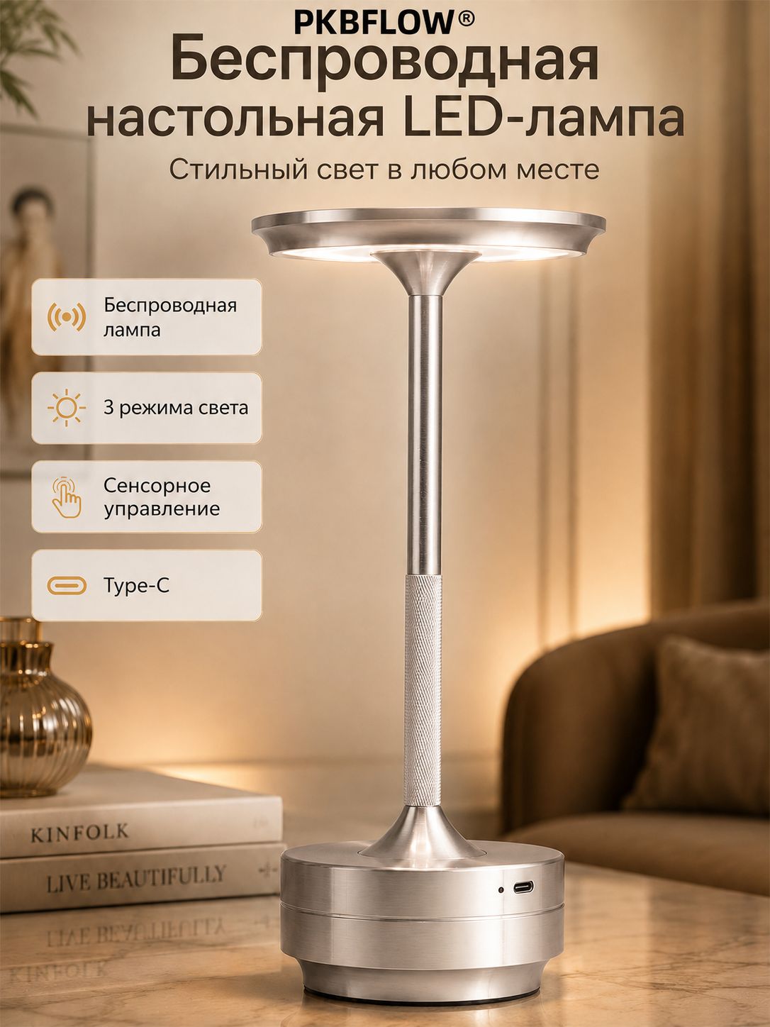 PKBFLOW Лампа настольная беспроводная аккумуляторная, сенсорный LED светильник с 3 режимами света, плавная регулировка яркости, 3000 мАч, USB-зарядка