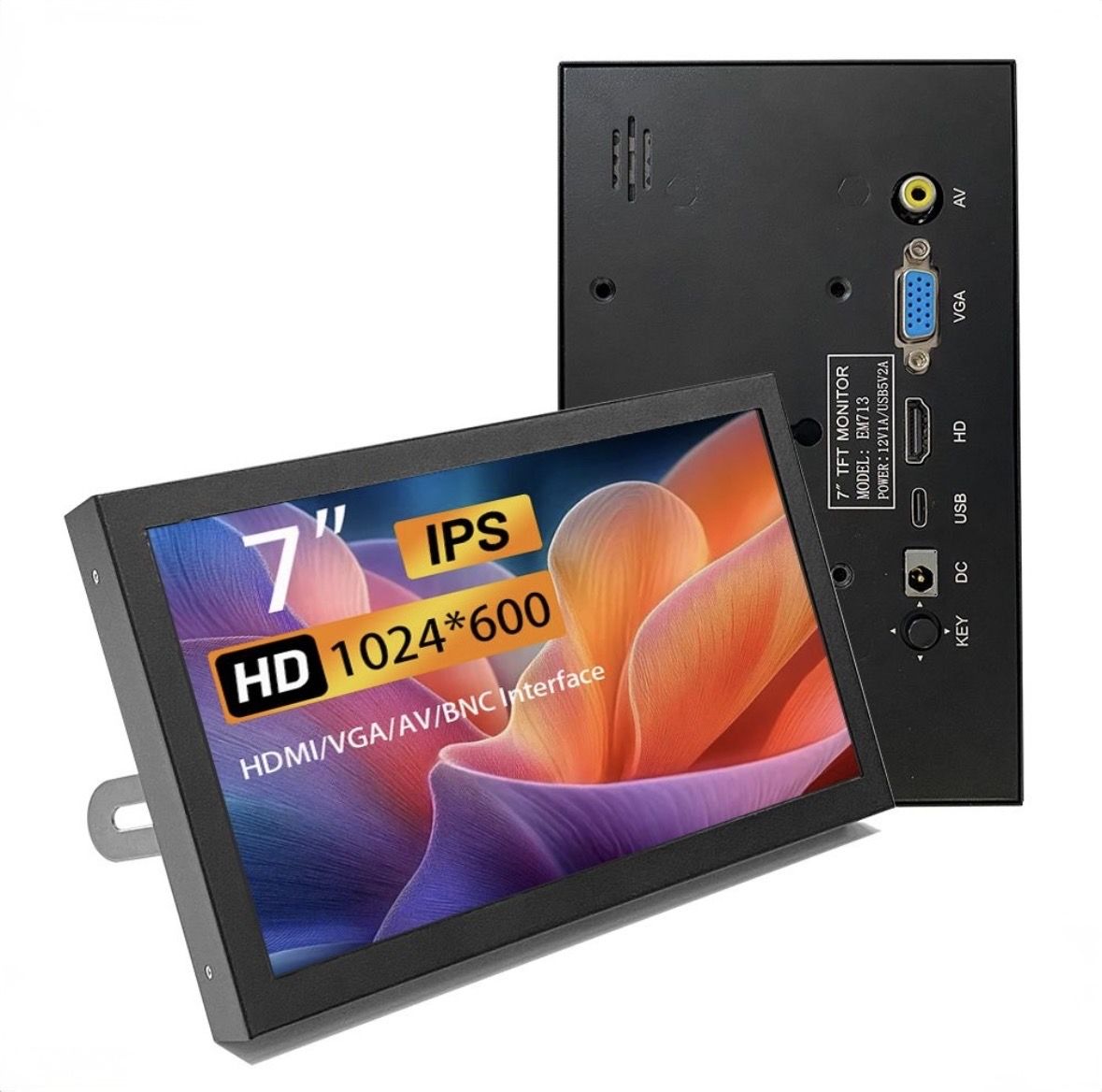 7" Монитор портативный 7 дюймов универсальный , IPS, 1024x600, 60 Гц, черный