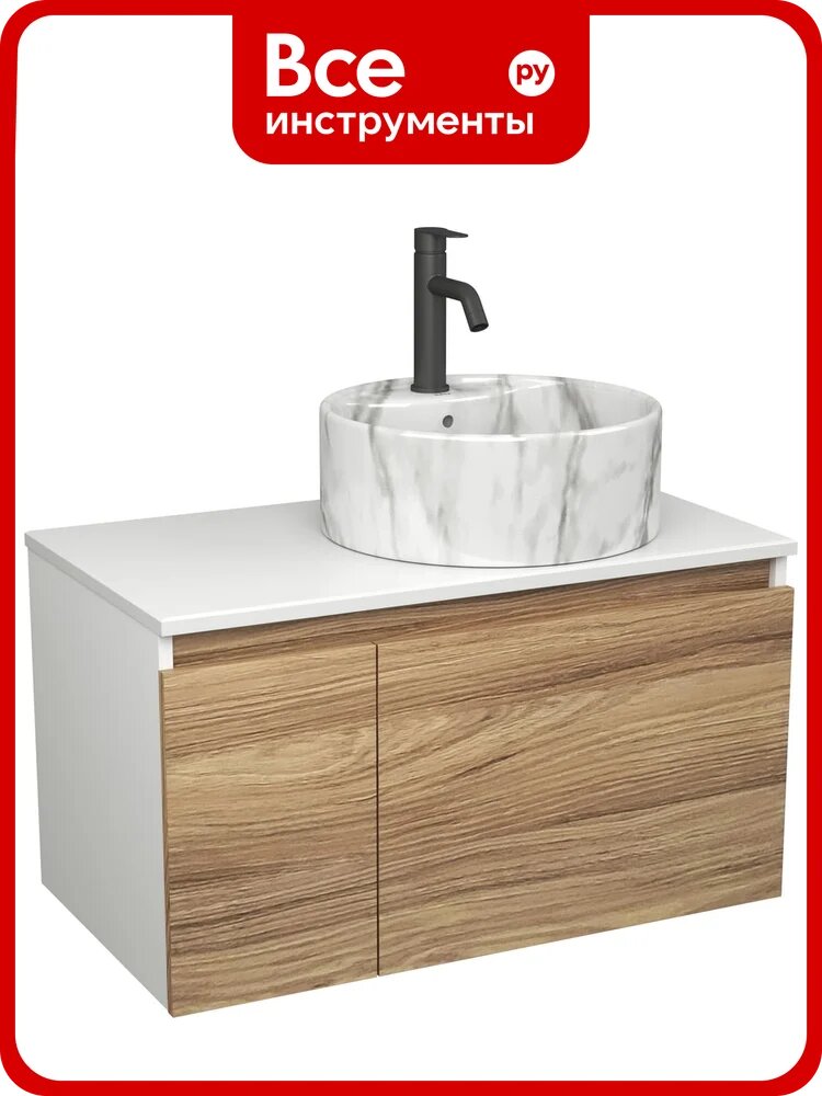 Комплект Bauedge тумба Bau Dream Blackwood 80, раковина круглая накладная BAU Element D41, мрамор, смеситель Hotel Dream Black, черный матовый BD2973