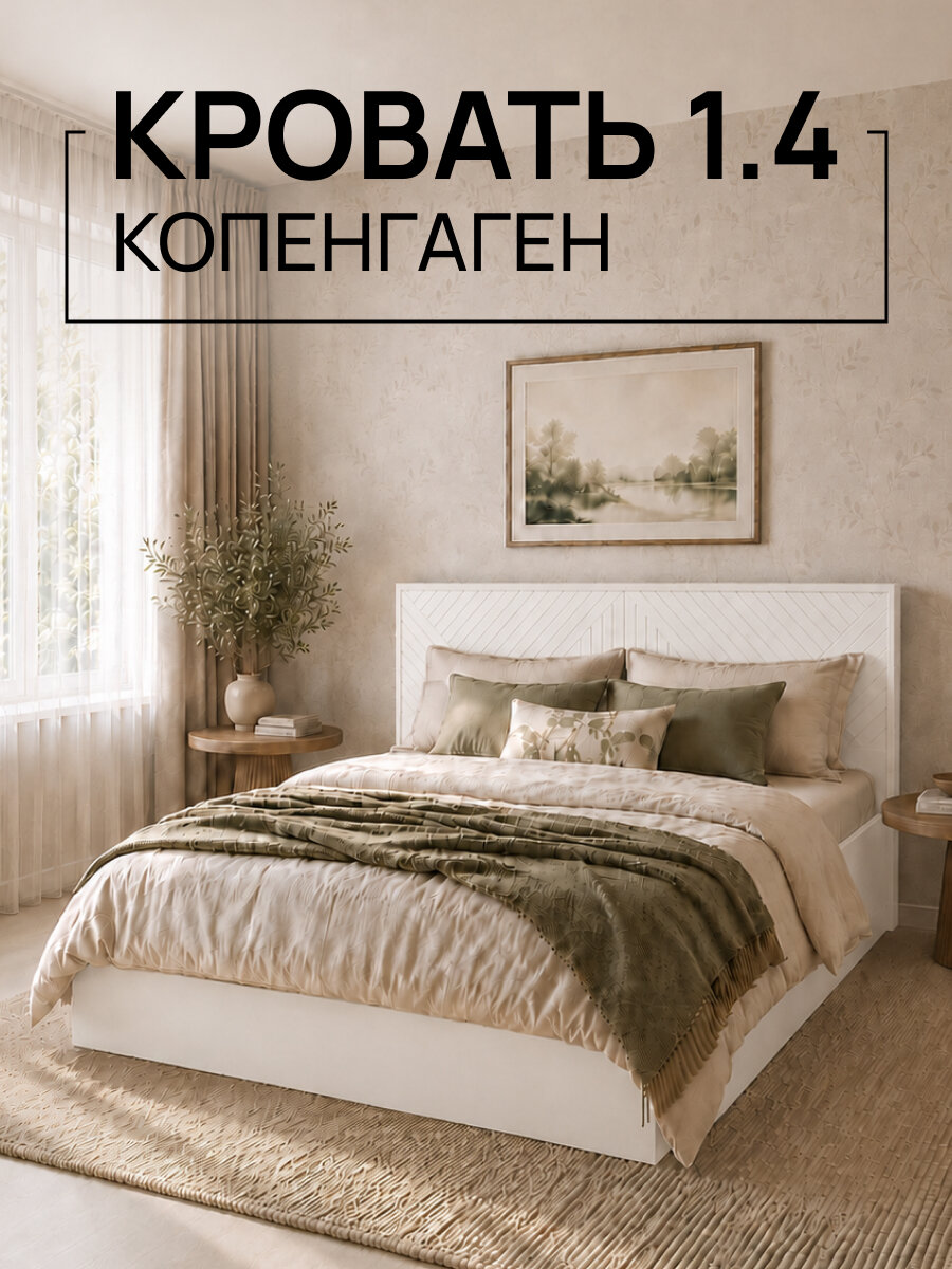 Кровать двуспальная Копенгаген 140Х200 см, ЛДСП Белый шагрень, МДФ Белый матовый