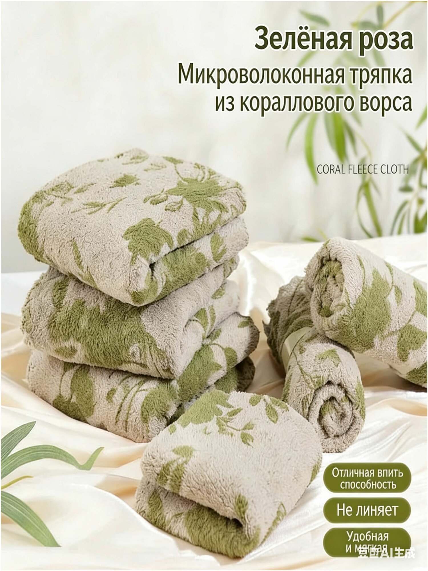 Набор тряпок для уборки, оливковый цвет, 5 шт, универсальная микрофибра — фото 1