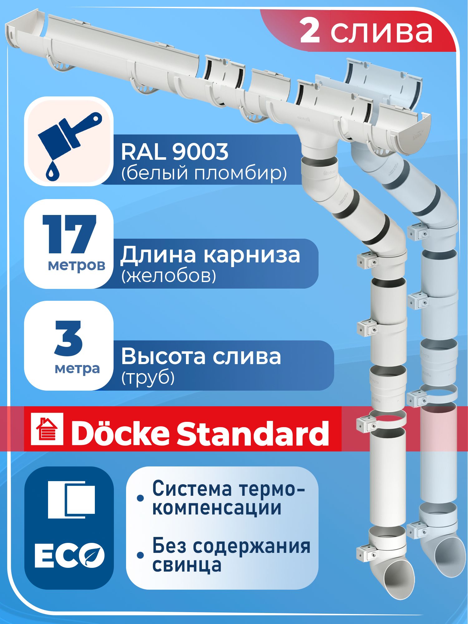 Водосток Деке Стандарт 17 м 2 слива ( 1,5 + 1 м ) водосточная система для крыши 120 / 80 мм RAL 9003 ( белый , пломбир ) комплект элементов для кровли, Docke Standard пластик