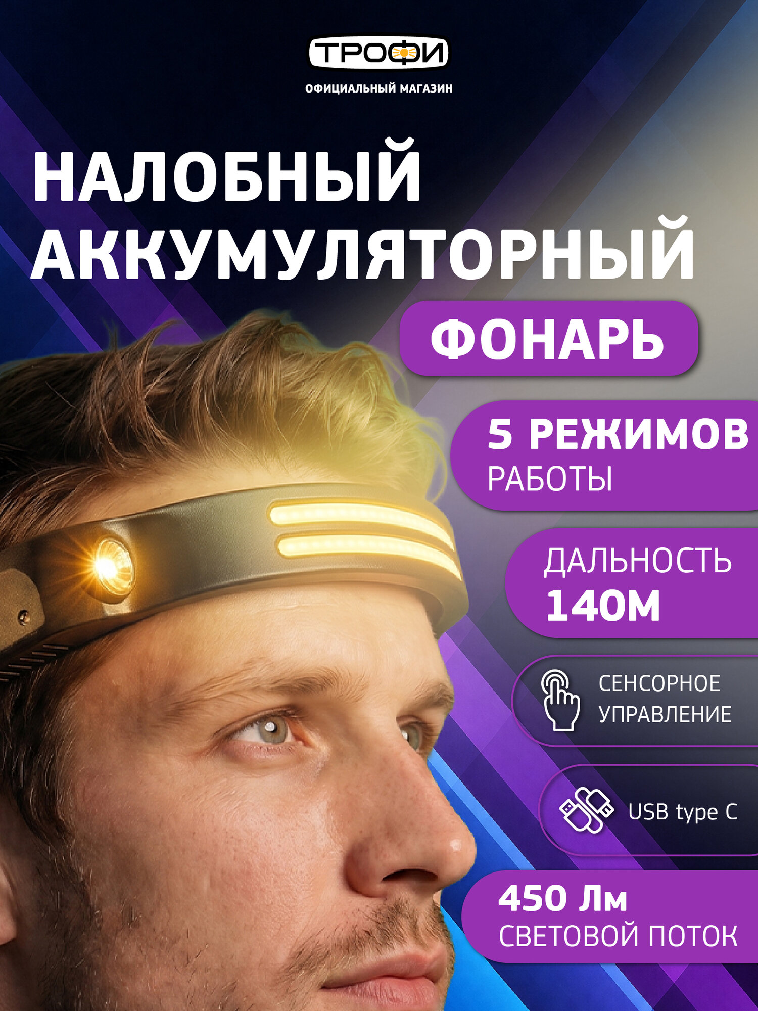 Мощный фонарь налобный аккумуляторный GA-109 Kiber-2 светодиодный туристический для рыбалки 4 режима сенсорное управление