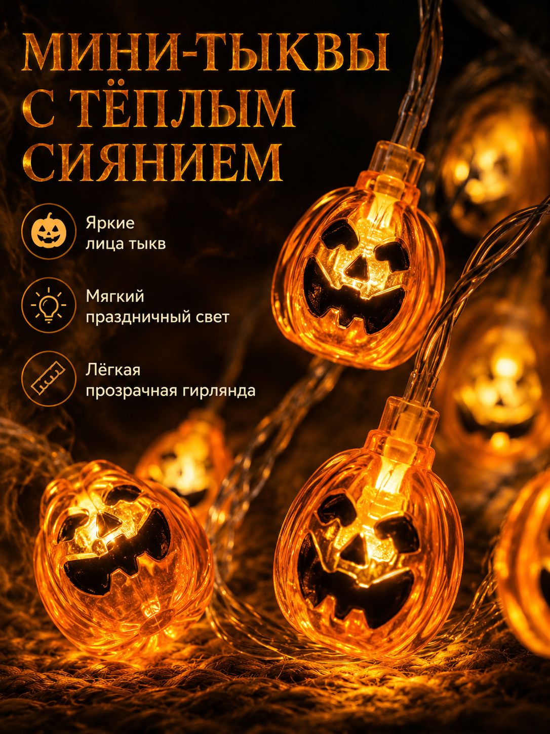 HomeDecor Светодиодная гирлянда мини-тыквы, прозрачный кабель, тёплое свечение, декор для Хэллоуина