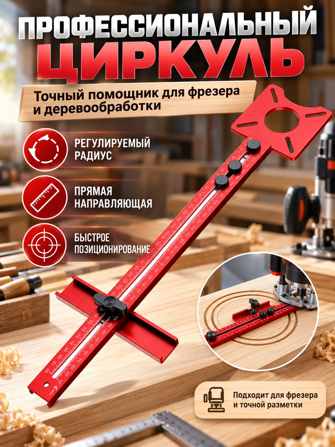 Циркуль для фрезера с регулируемым радиусом, направляющая линейка для точной разметки при деревообработке в мастерской