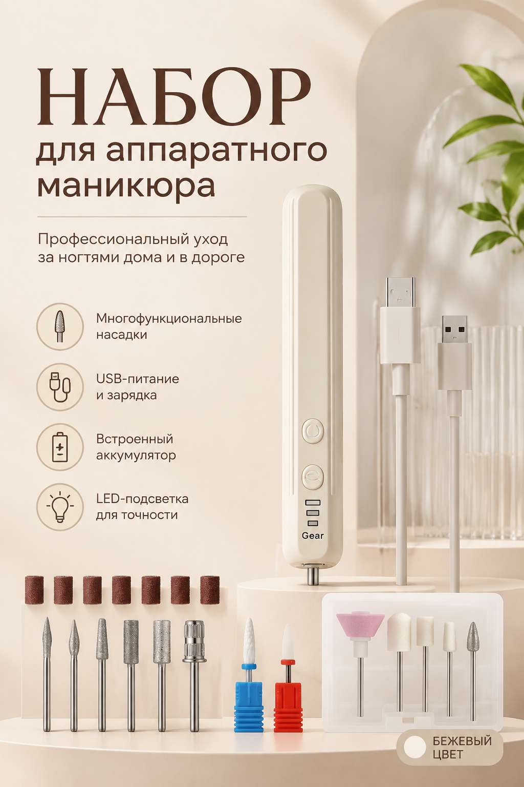 Набор для аппаратного маникюра с USB-питанием и LED-лампой, бежевый
