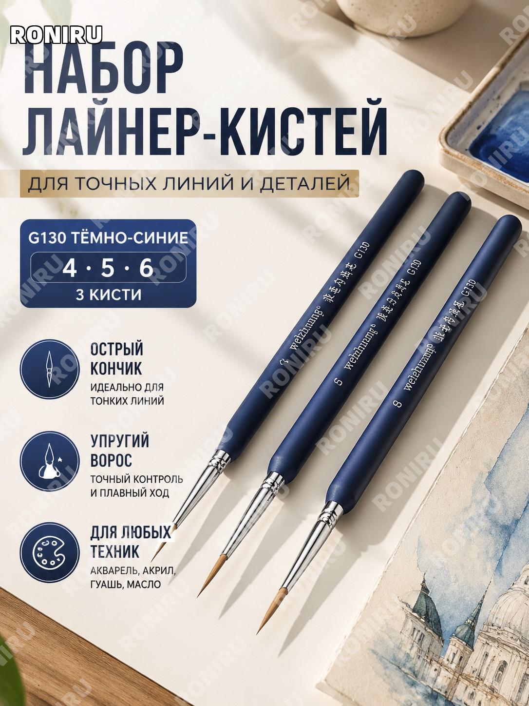 Набор кистей для рисования G130 глубокий синий 4 5 6, 3 шт, тонкие кисти из дерева для акрила и акварели и гуаши