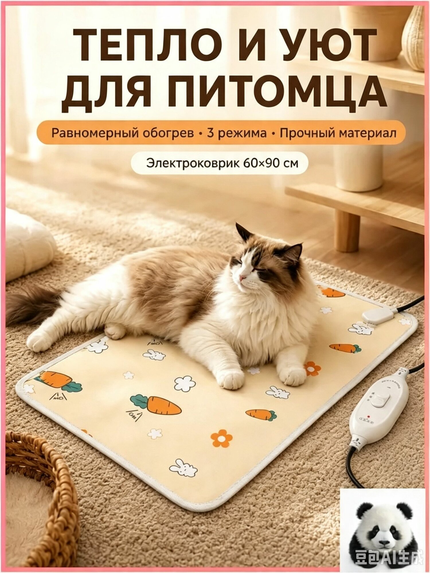 Теплый коврик для питомца с подогревом 90x60 см