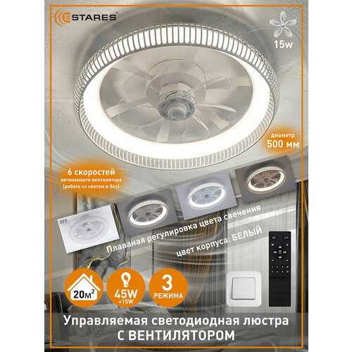 фото Управляемая светодиодная люстра с вент. fan frame 45w+15w r-app-500x125-white/white-220-ip20 estares