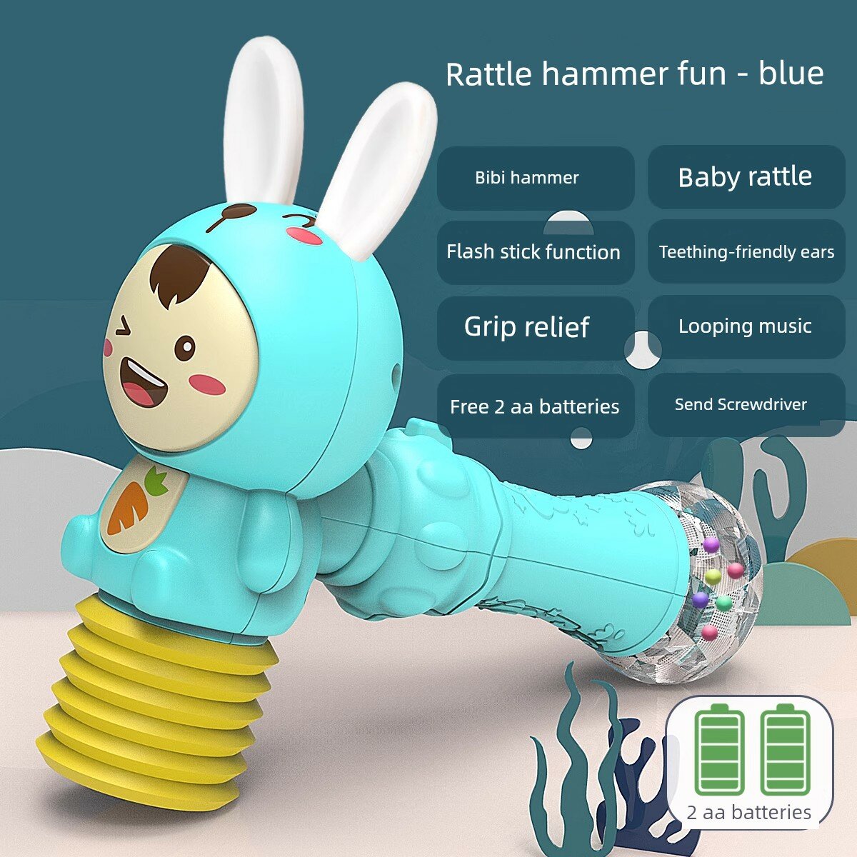 Перезаряжаемый детский погремушка-молоток с звуком и светом - Синий для младенцев 0-12 месяцев развивающая игрушка