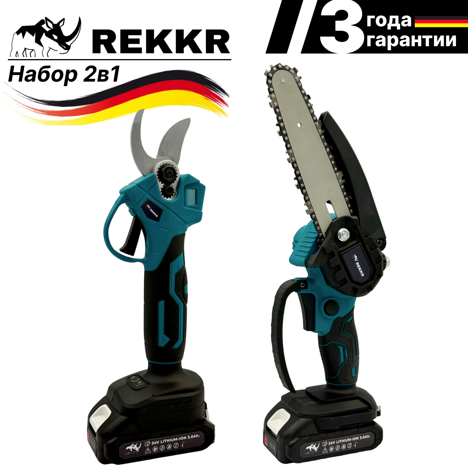 Набор 2в1 REKKR STN021BL, секатор, пила цепная с подачей масла, 2 аккумулятора 24В 3Ач, кейс, зарядка
