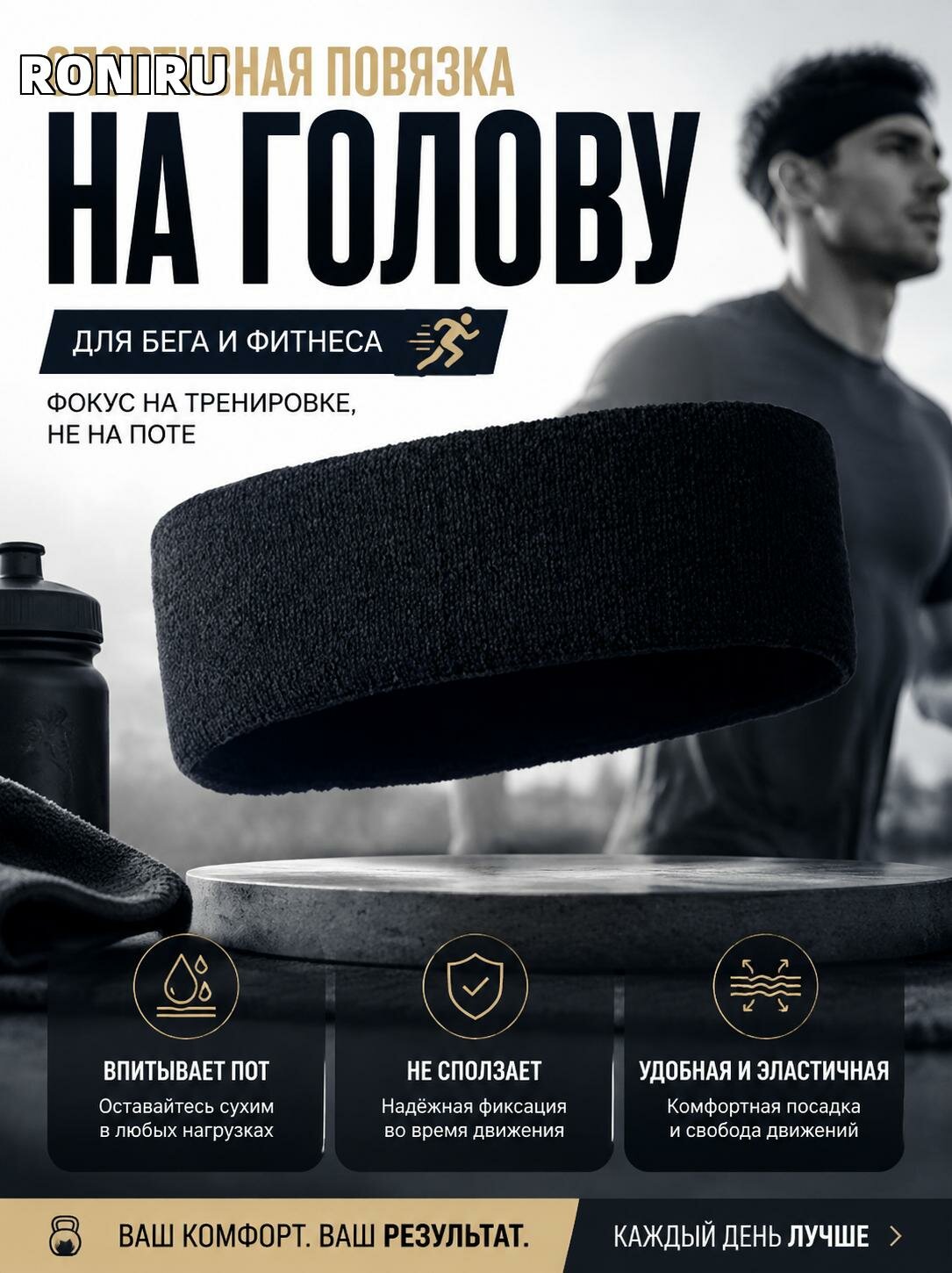 Спортивная повязка на голову для бега и фитнеса — впитывает пот, не сползает, удобная и эластичная для тренировок