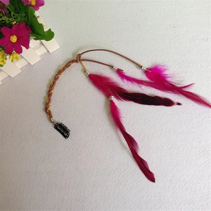 Розовая повязка на голову с перьями Rose red