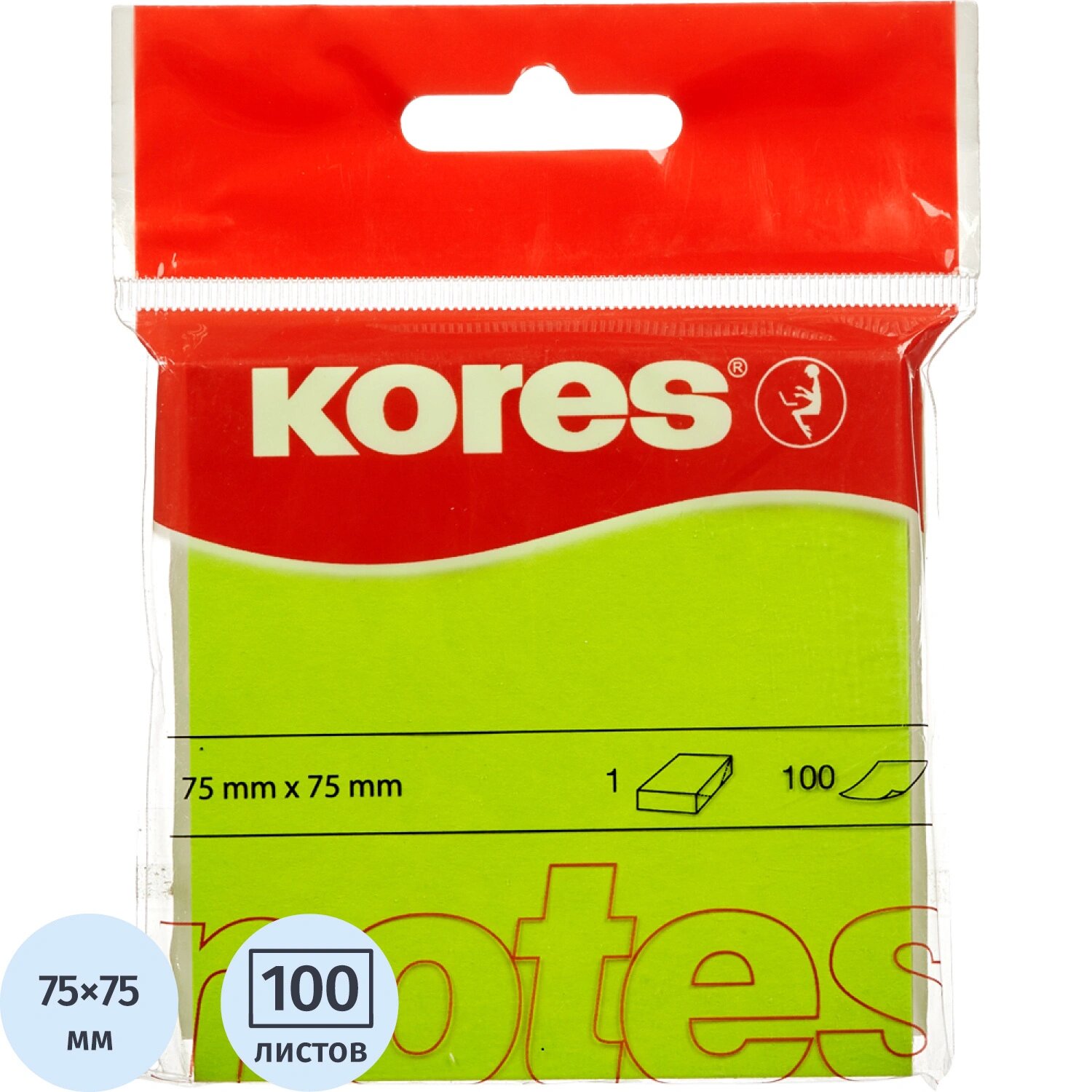 Kores Стикеры Kores 75x75 мм неоновые зелёные (1 блок на 100 листов)