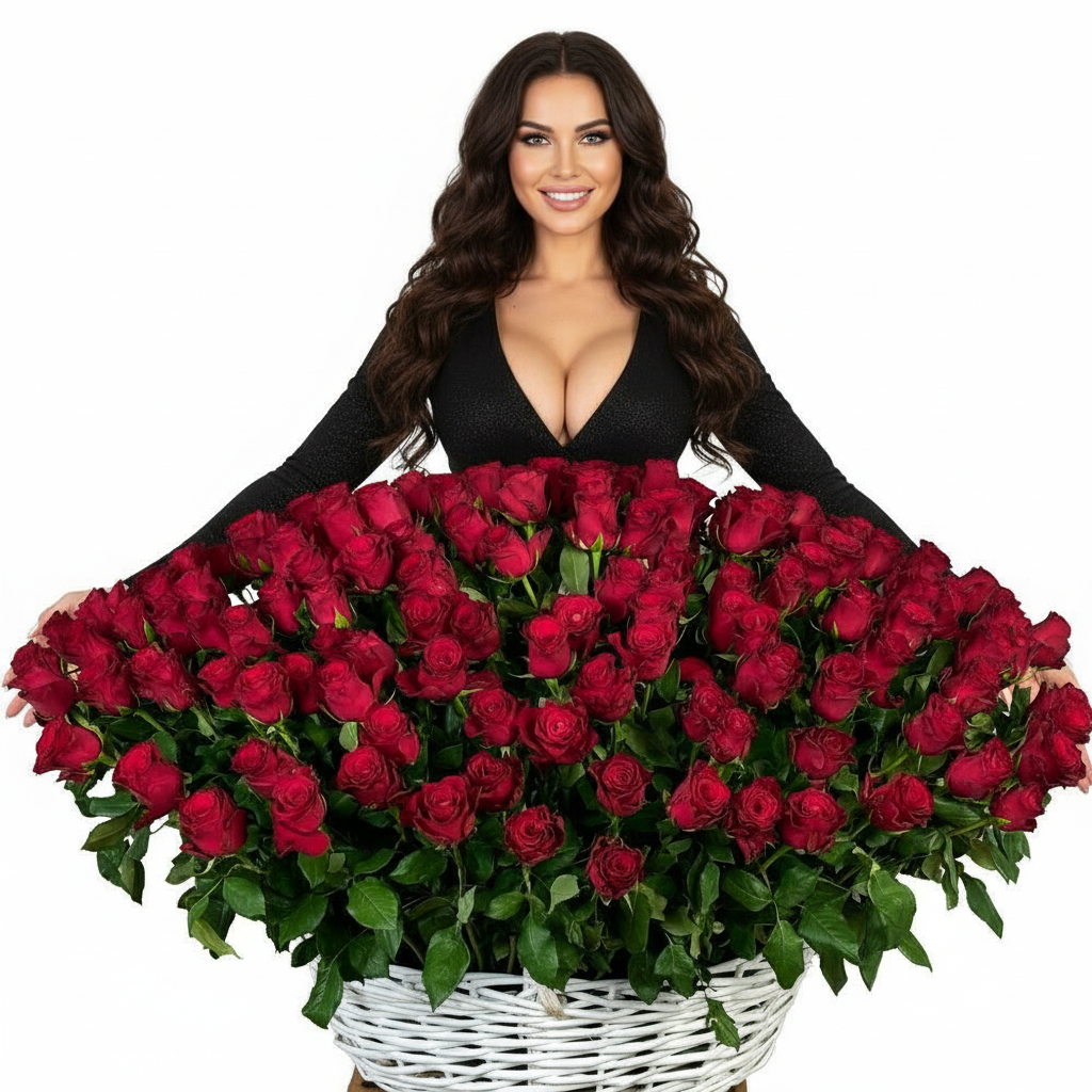 201 красная импортная роза с крупным бутоном (бордовая в плетеной корзине)