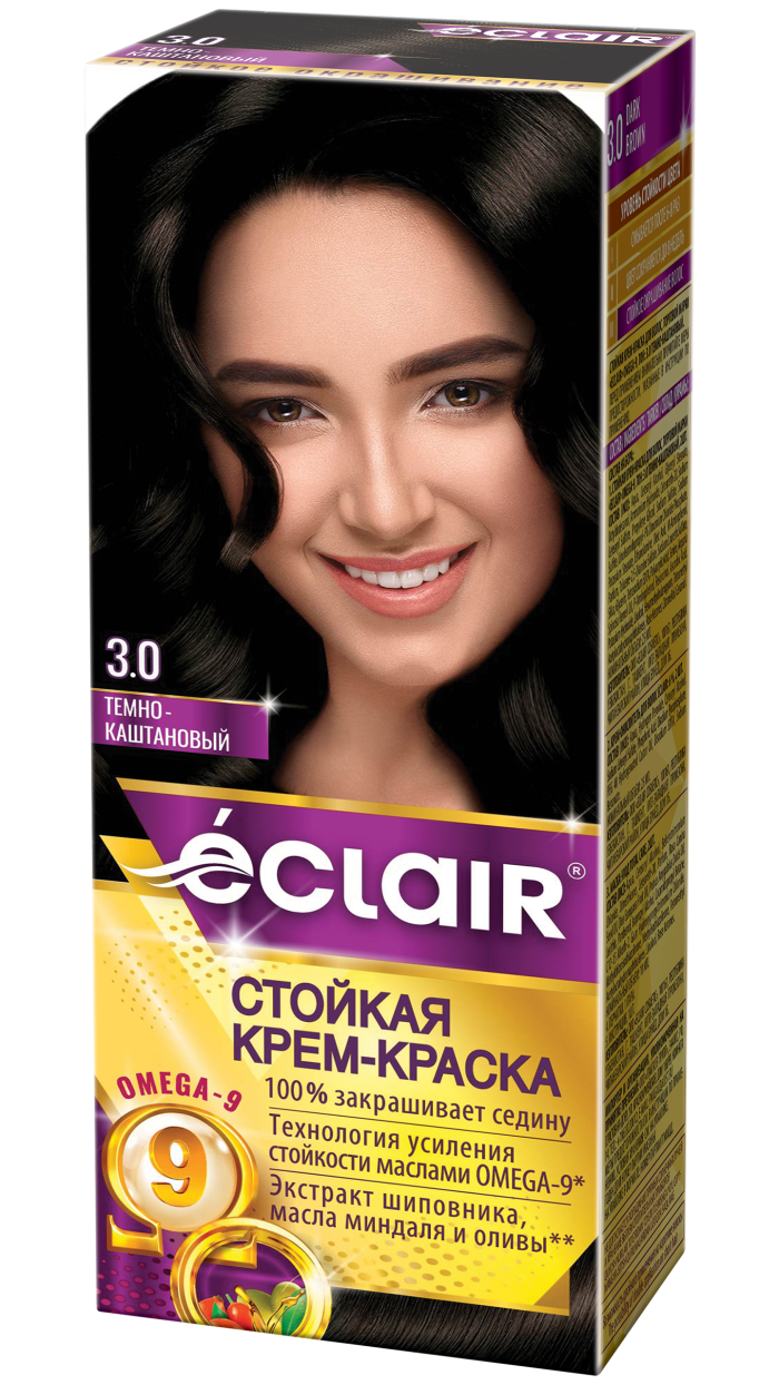 Крем-краска ECLAIR-Omega 3,0 "Темно-Каштановый", с добавлением масел Омега-9, 100 мл,