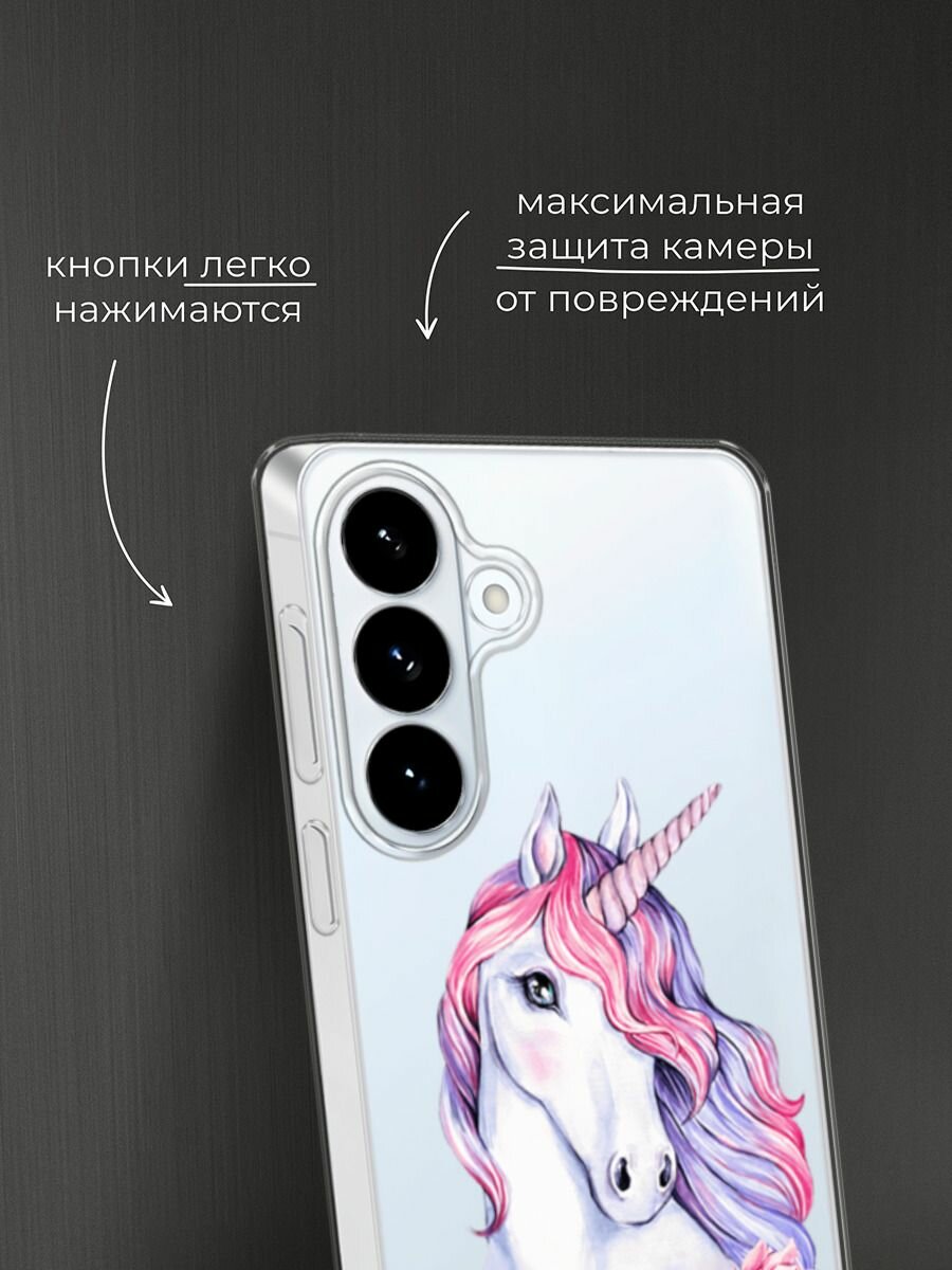Чехол на Samsung S26 Plus / Самсунг S26 Плюс с принтом Единорог с пионами, прозрачный — фото 1