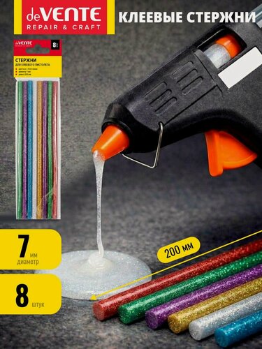 Изображение товара Стержни цветные с блестками для клеевого пистолета диаметр 7 мм 8 штук