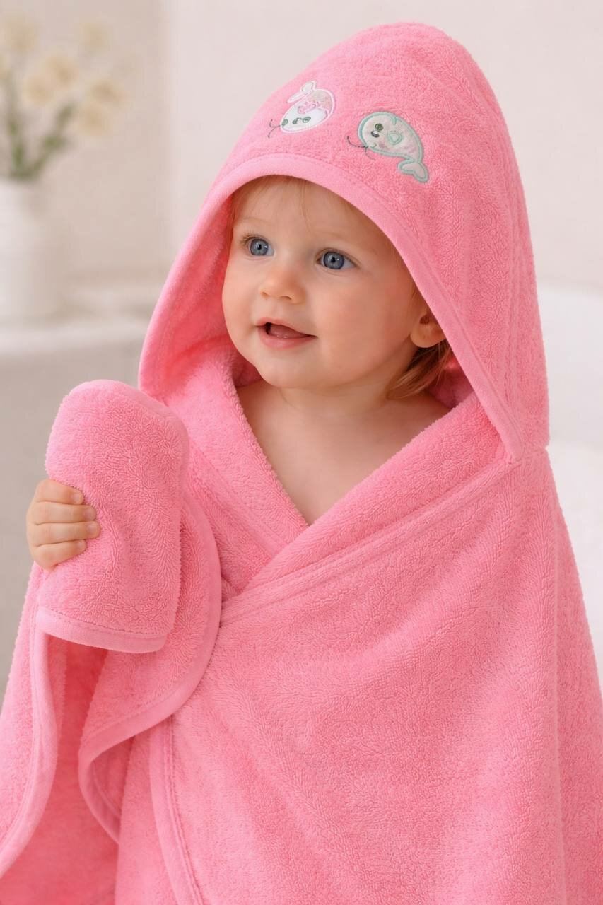 Детское махровое полотенце с капюшоном и мочалкой Мягкое и нежное двойное полотенце с капюшоном — идеальный выбор