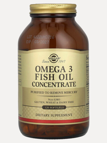Изображение товара Solgar Omega-3 Fish Oil Concentrate, Омега-3 рыбий жир концентрат 120 гел. капсул