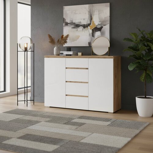 Изображение товара Комод Гретта 2С4Я для спальни и гостиной, 135х101х41 см, Крафт золотой/Белый, 4 ящика и 2 секции