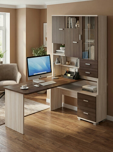 Изображение товара Стол компьютерный Мэрдэс СР-620/160 кшш-прав Карамель/Шамони/Шамони, угловой, с ящиками, с полками, 130х160х216 см