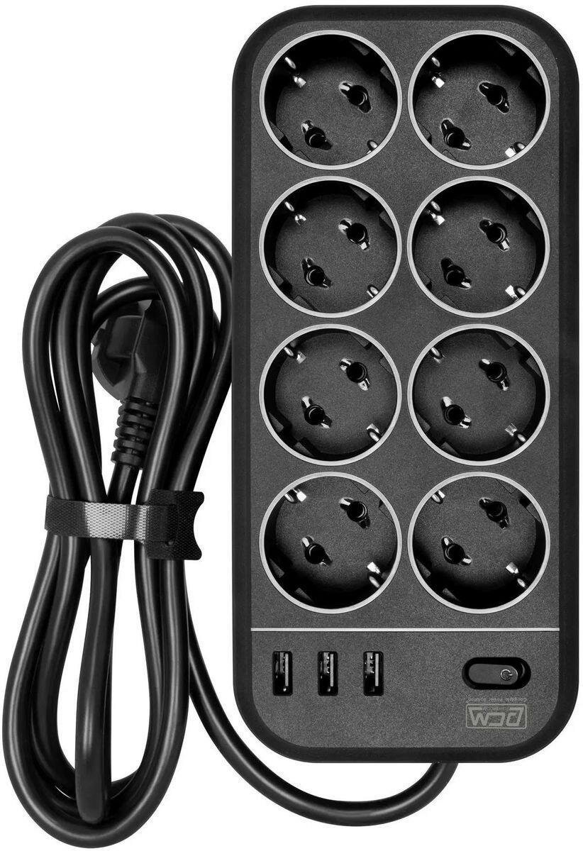 Сетевой фильтр Powercom SP-08 USB03AB 8 розеток, 3*USB, длина кабеля 1.8 м