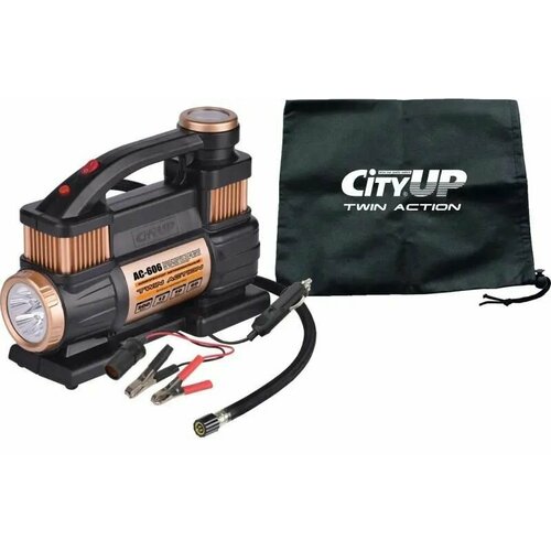 Компрессор автомобильный CityUP двухпоршневой с фонарем, 60л/мин, 300 Ватт, сумка в комплекте + переходник для АКБ