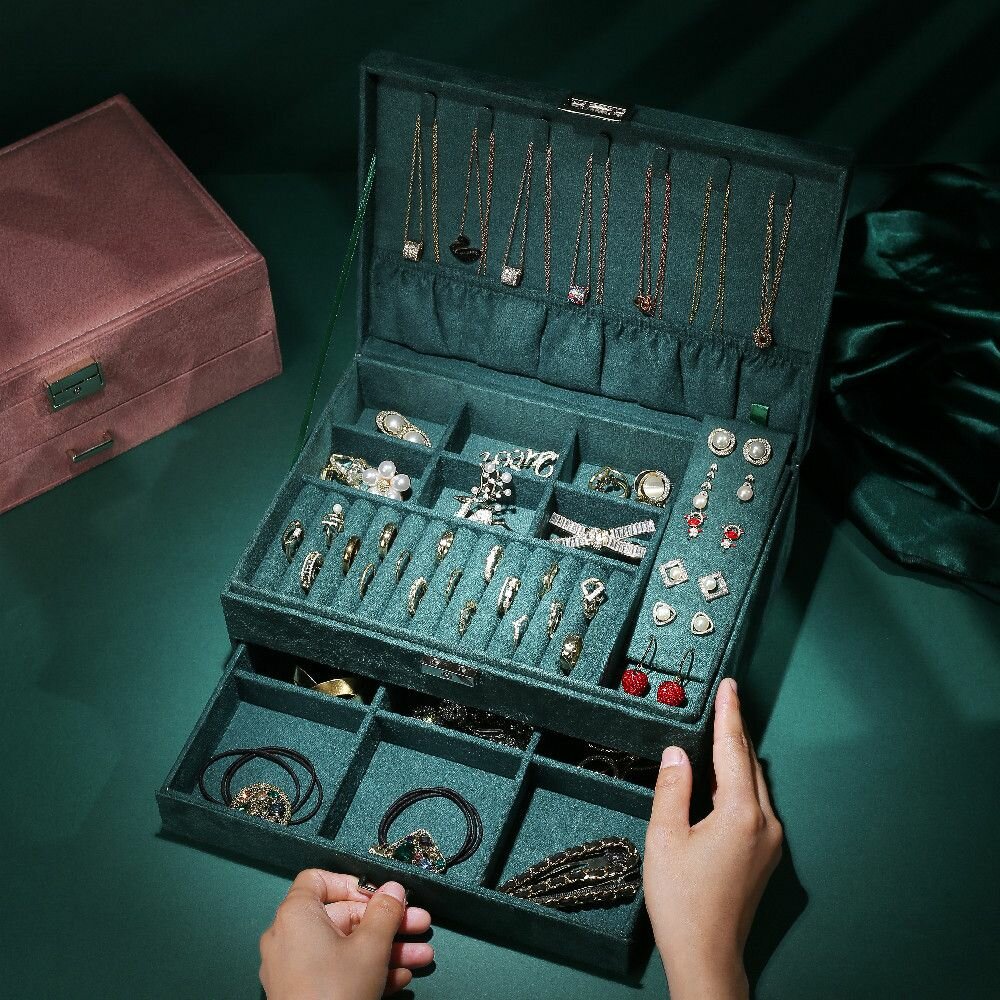Шкатулка Диора, для хранения украшений, двухярусная, с замком, темно-зеленая